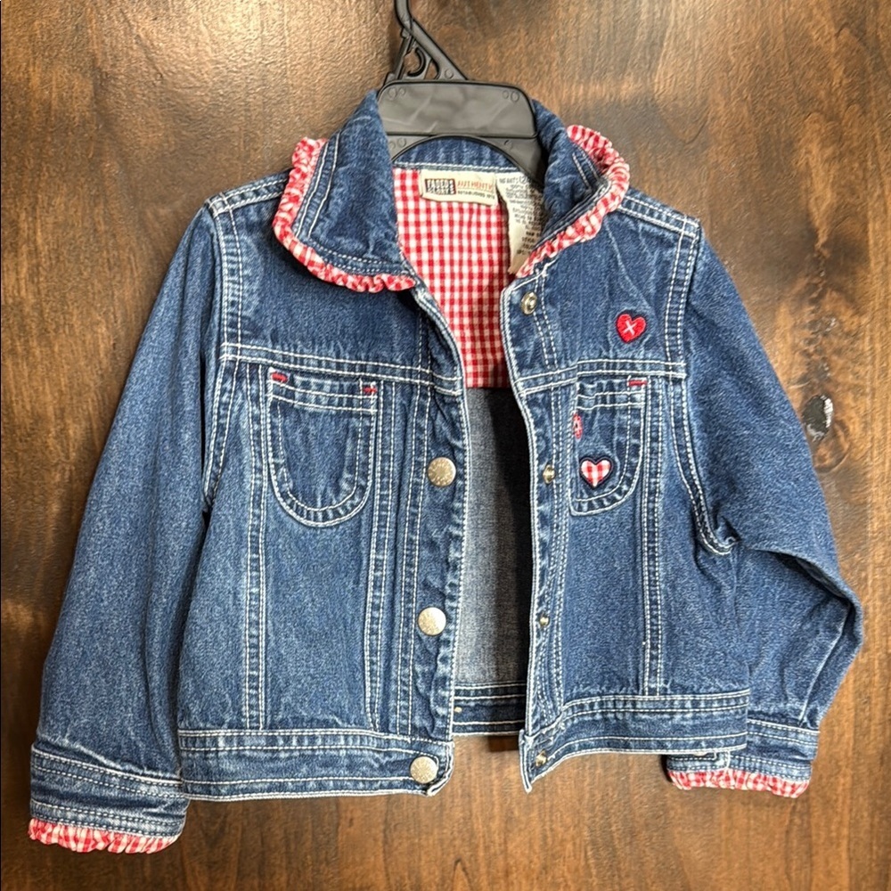 Vintage Faded Glory Blue Jean Jacket with Gingham Trim Size 24 month embroidered - Picture 3 of 5